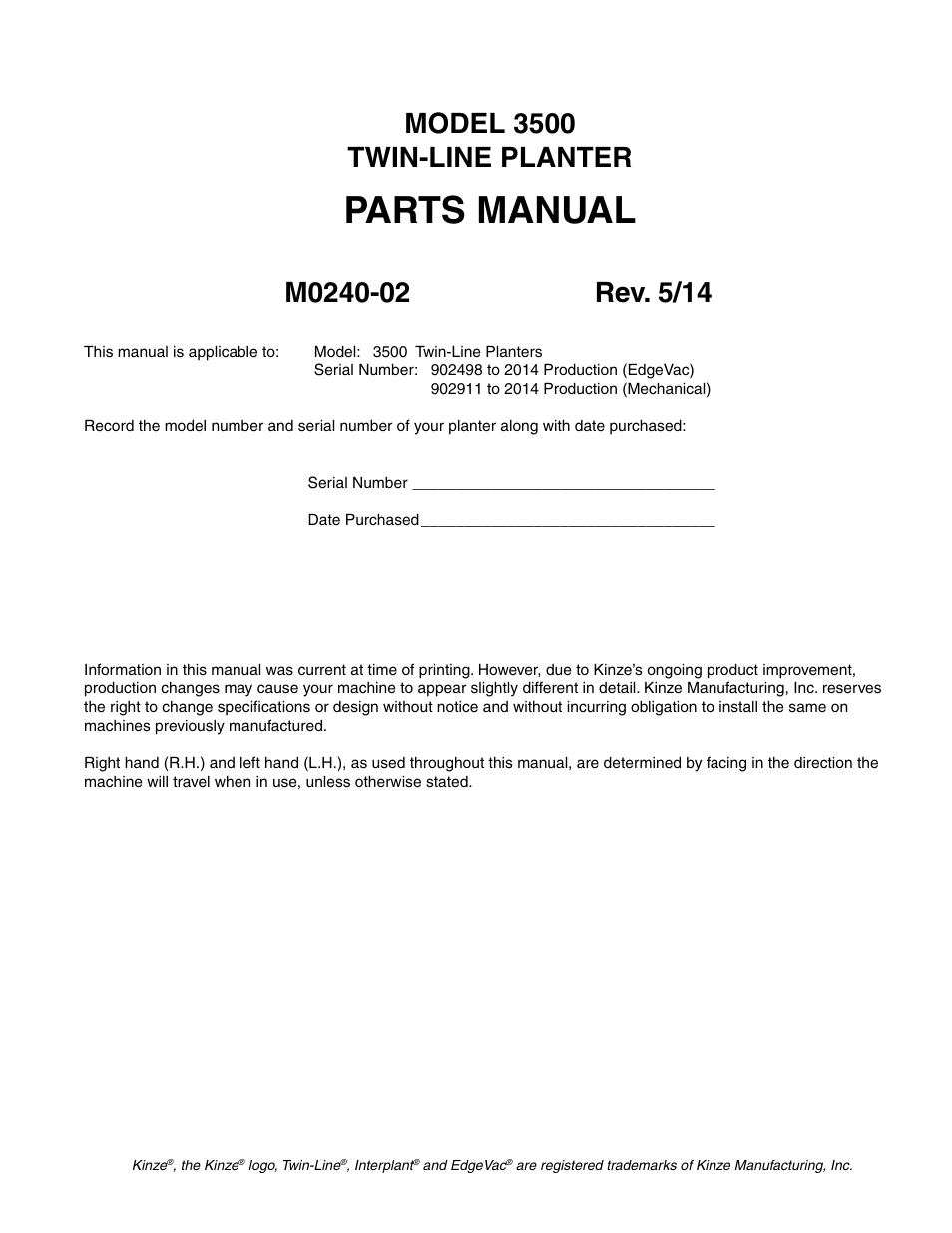 Kinze 3500 Lift and Rotate Planter Rev. 5/14 User Manual | 182 pages