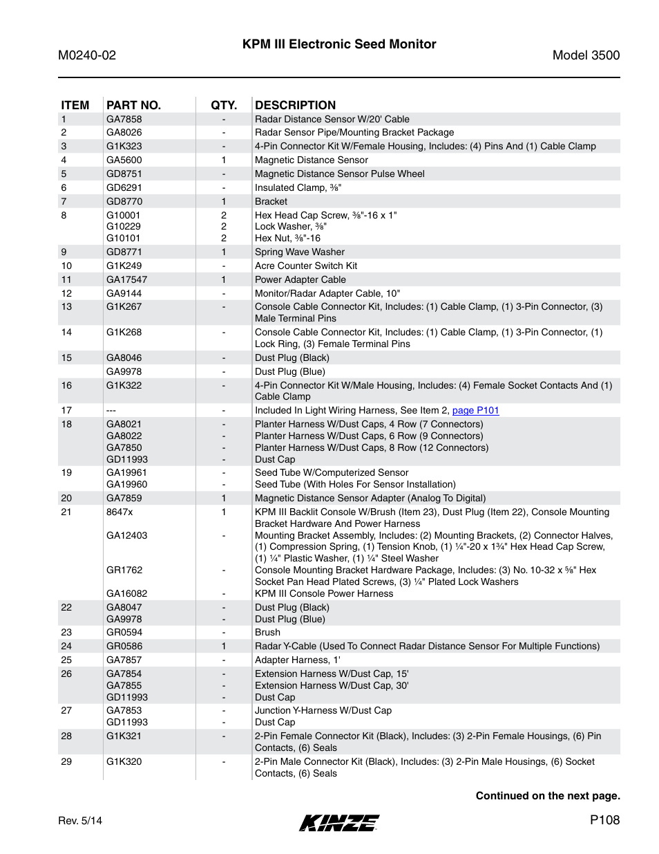Kpm iii electronic seed monitor, P108 | Kinze 3500 Lift and Rotate Planter Rev. 5/14 User Manual | Page 111 / 182
