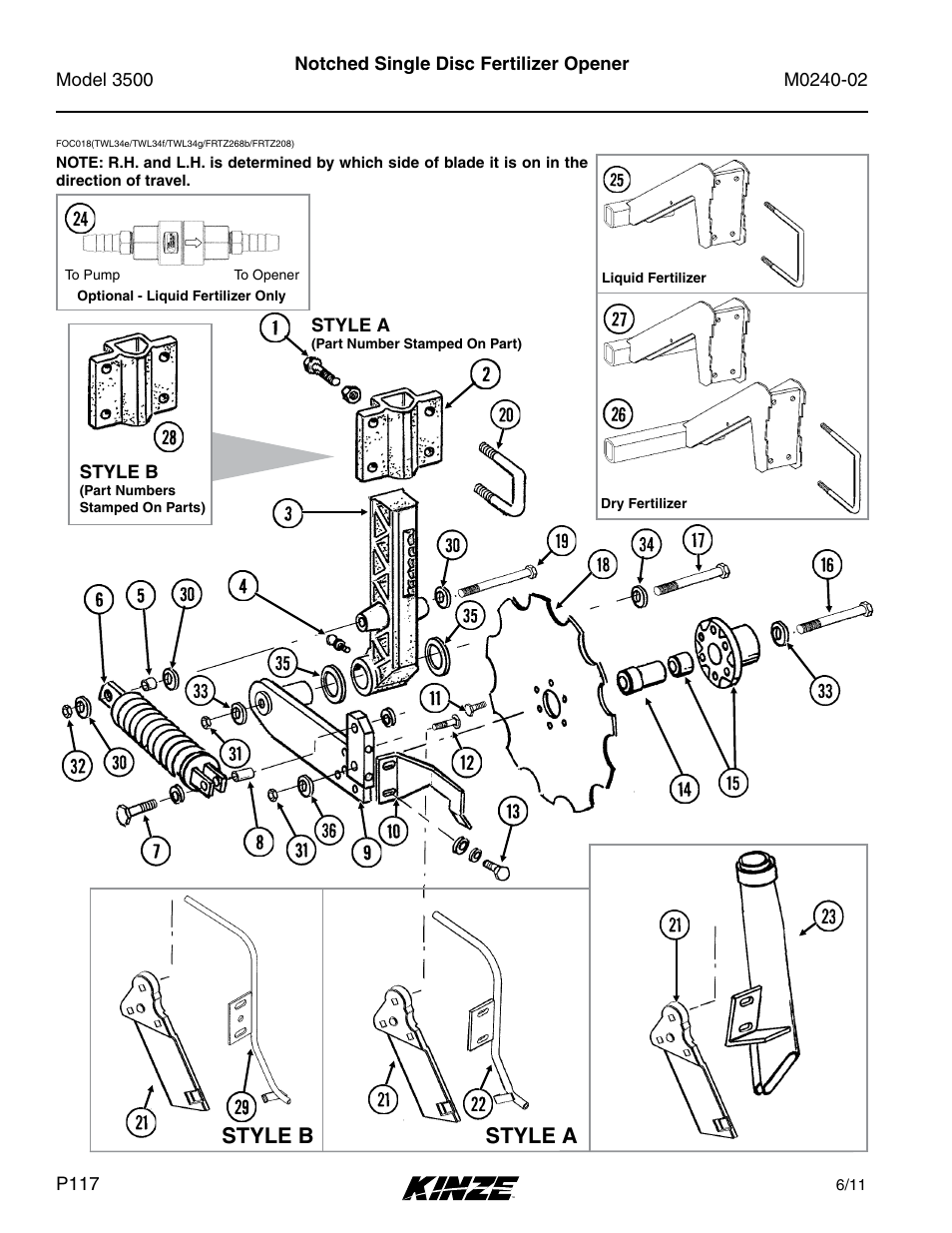 Notched single disc fertilizer opener, Style b style a | Kinze 3500 Lift and Rotate Planter Rev. 5/14 User Manual | Page 120 / 182