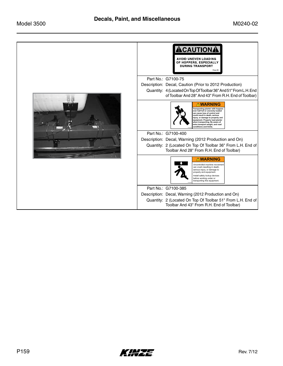 Decals, paint, and miscellaneous, Rev. 7/12 | Kinze 3500 Lift and Rotate Planter Rev. 5/14 User Manual | Page 162 / 182