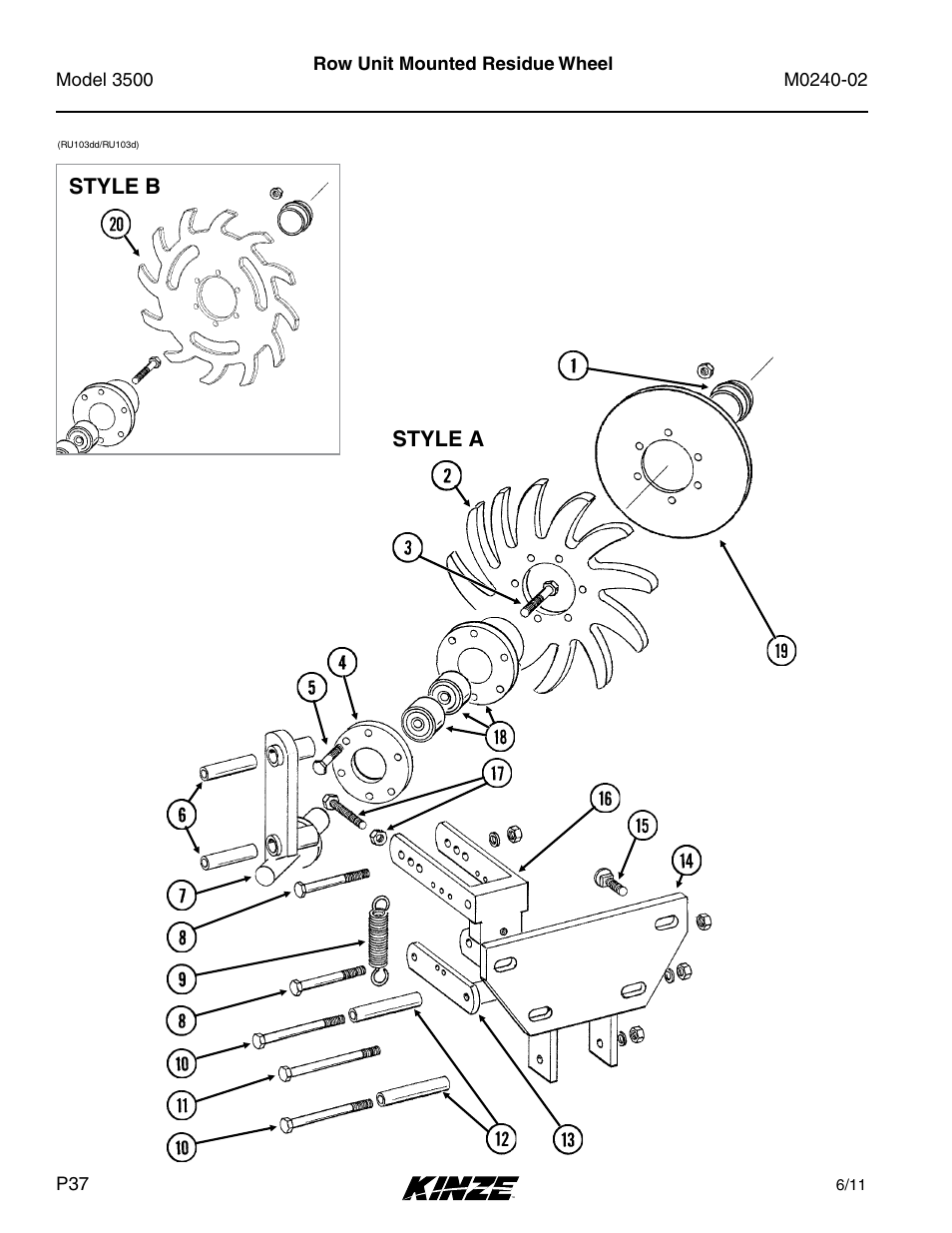 Row unit mounted residue wheel, Style a style b | Kinze 3500 Lift and Rotate Planter Rev. 5/14 User Manual | Page 40 / 182