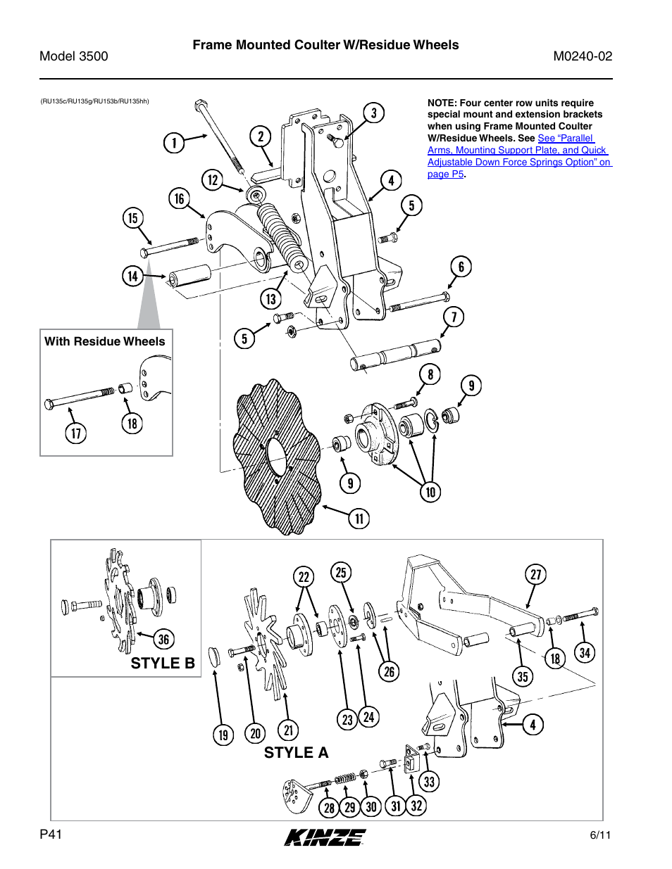 Frame mounted coulter w/residue wheels, Style a style b | Kinze 3500 Lift and Rotate Planter Rev. 5/14 User Manual | Page 44 / 182