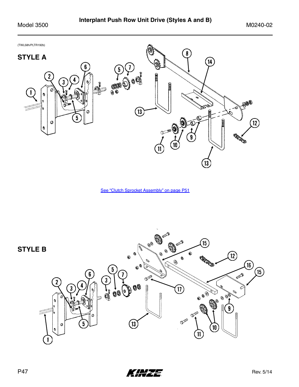 Interplant push row unit drive (styles a and b), Style a style b | Kinze 3500 Lift and Rotate Planter Rev. 5/14 User Manual | Page 50 / 182