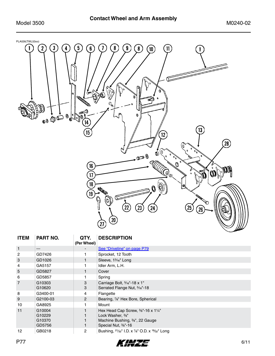 Contact wheel and arm assembly | Kinze 3500 Lift and Rotate Planter Rev. 5/14 User Manual | Page 80 / 182