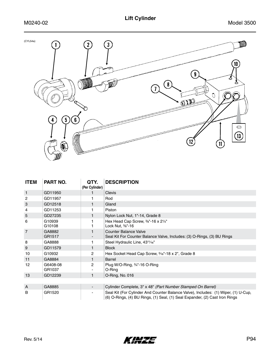 Lift cylinder | Kinze 3500 Lift and Rotate Planter Rev. 5/14 User Manual | Page 97 / 182