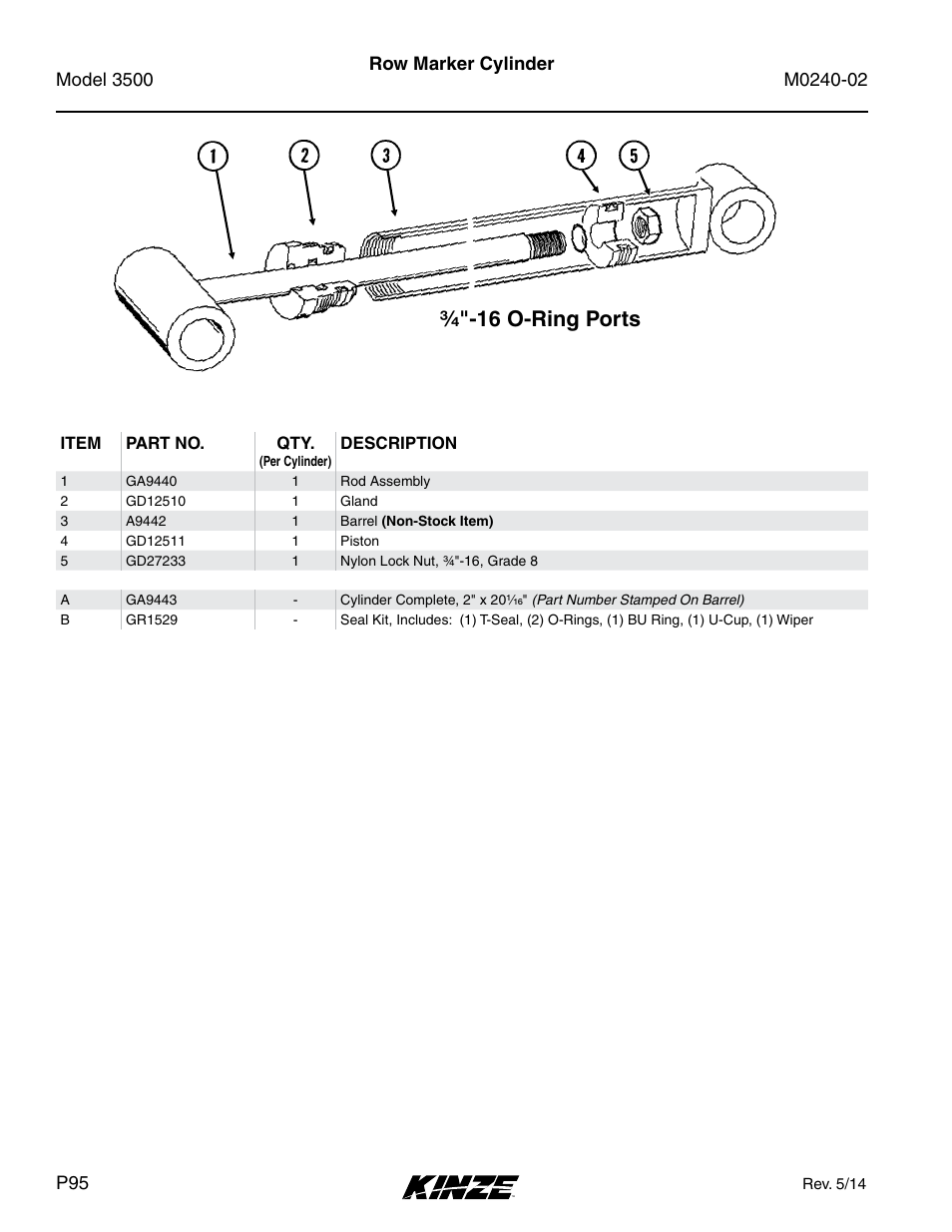 Row marker cylinder, 16 o-ring ports | Kinze 3500 Lift and Rotate Planter Rev. 5/14 User Manual | Page 98 / 182