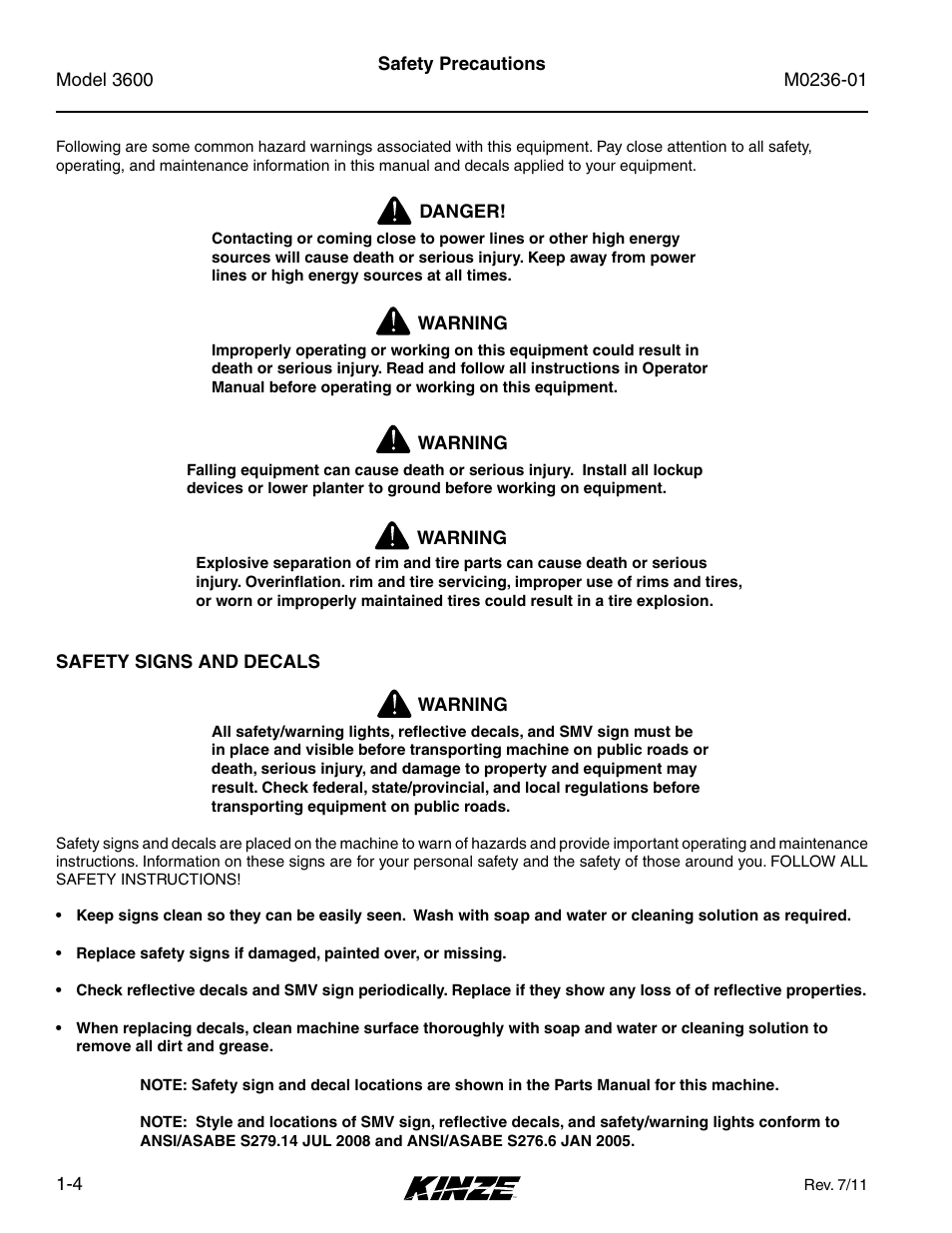 Safety precautions, Safety precautions -4 | Kinze 3600 Lift and Rotate Planter Rev. 7/14 User Manual | Page 10 / 172