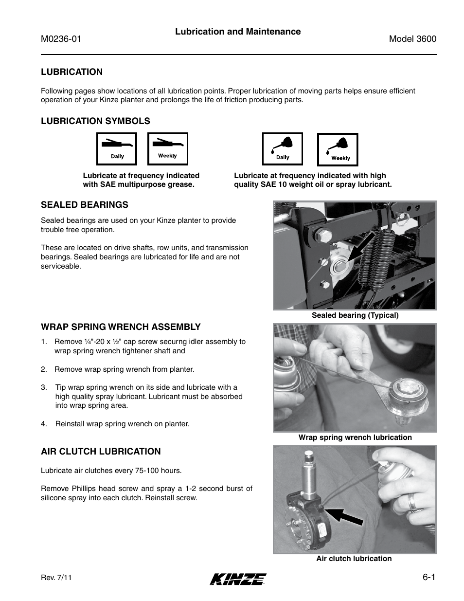 Lubrication and maintenance, Lubrication, Lubrication symbols | Sealed bearings, Wrap spring wrench assembly, Air clutch lubrication, Lubrication -1, Lubrication symbols -1, Sealed bearings -1, Wrap spring wrench assembly -1 | Kinze 3600 Lift and Rotate Planter Rev. 7/14 User Manual | Page 109 / 172