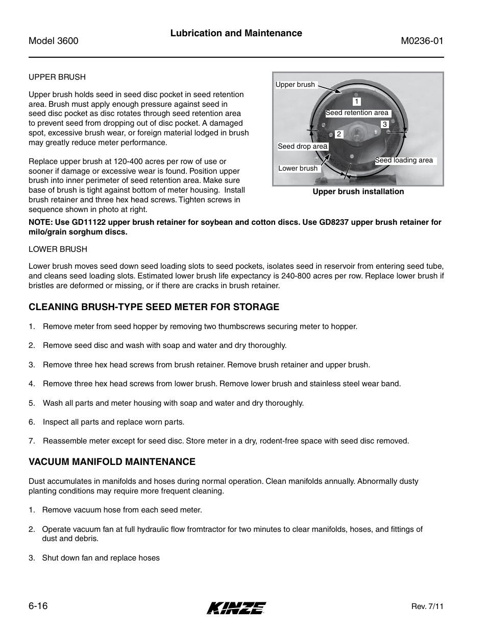 Cleaning brush-type seed meter for storage, Vacuum manifold maintenance, Cleaning brush-type seed meter for storage -16 | Vacuum manifold maintenance -16 | Kinze 3600 Lift and Rotate Planter Rev. 7/14 User Manual | Page 124 / 172