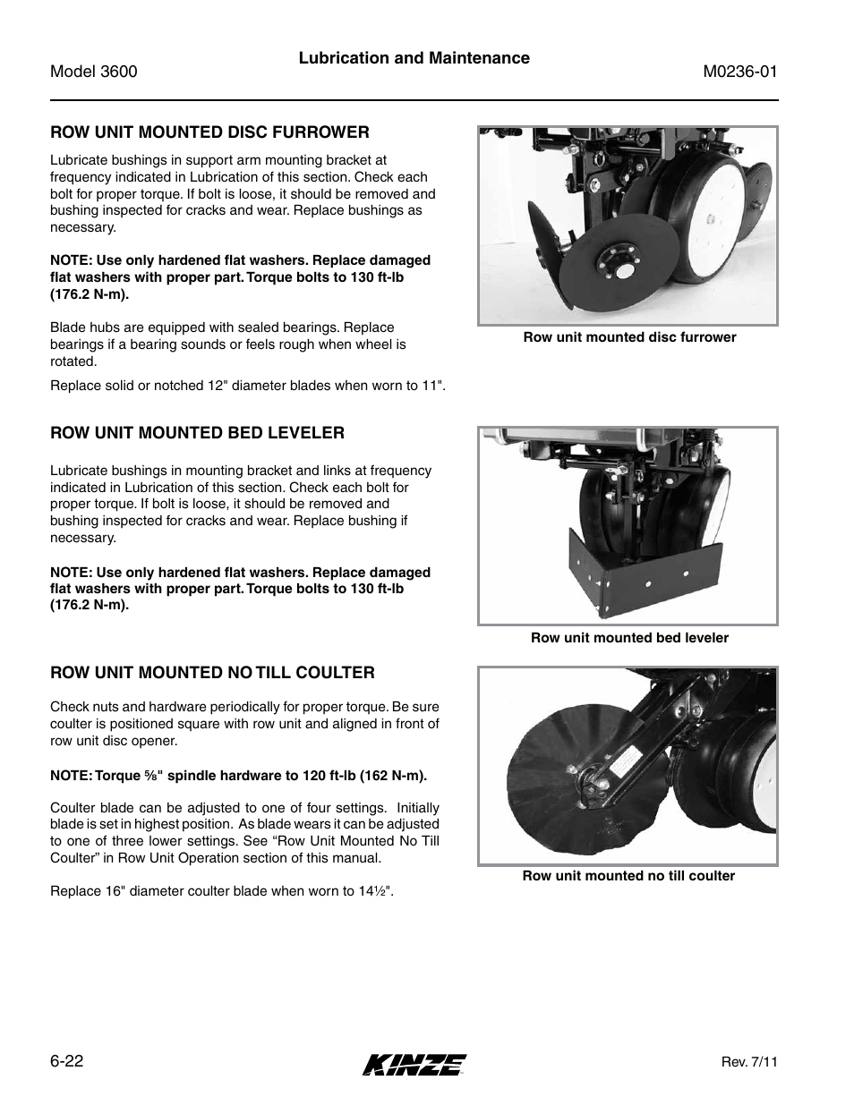 Row unit mounted disc furrower, Row unit mounted bed leveler, Row unit mounted no till coulter | Row unit mounted disc furrower -22, Row unit mounted bed leveler -22, Row unit mounted no till coulter -22 | Kinze 3600 Lift and Rotate Planter Rev. 7/14 User Manual | Page 130 / 172
