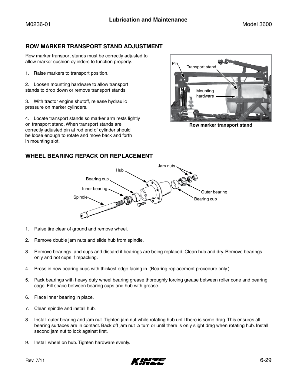 Row marker transport stand adjustment, Wheel bearing repack or replacement, Row marker transport stand adjustment -29 | Wheel bearing repack or replacement -29 | Kinze 3600 Lift and Rotate Planter Rev. 7/14 User Manual | Page 137 / 172