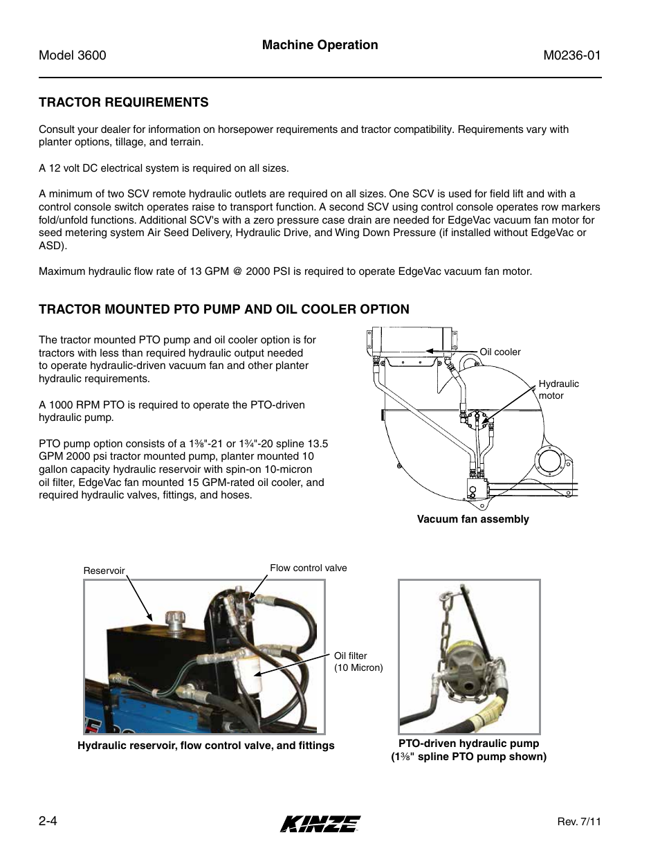 Tractor requirements, Tractor mounted pto pump and oil cooler option, Tractor requirements -4 | Tractor mounted pto pump and oil cooler option -4 | Kinze 3600 Lift and Rotate Planter Rev. 7/14 User Manual | Page 14 / 172