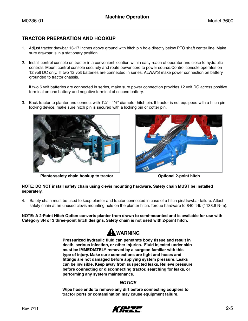 Tractor preparation and hookup, Tractor preparation and hookup -5 | Kinze 3600 Lift and Rotate Planter Rev. 7/14 User Manual | Page 15 / 172