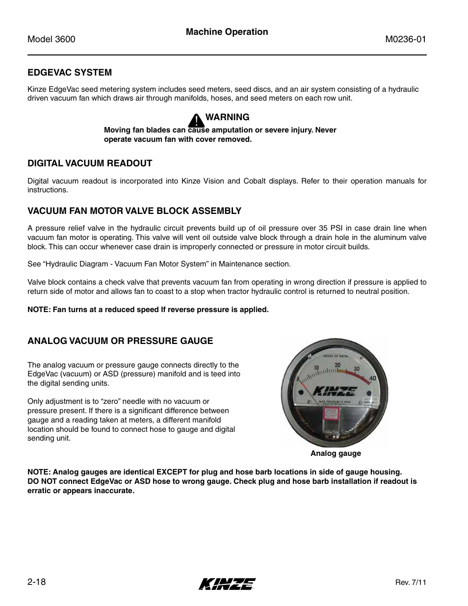 Edgevac system, Digital vacuum readout, Vacuum fan motor valve block assembly | Analog vacuum or pressure gauge, Edgevac system -18, Digital vacuum readout -18, Vacuum fan motor valve block assembly -18, Analog vacuum or pressure gauge -18 | Kinze 3600 Lift and Rotate Planter Rev. 7/14 User Manual | Page 28 / 172