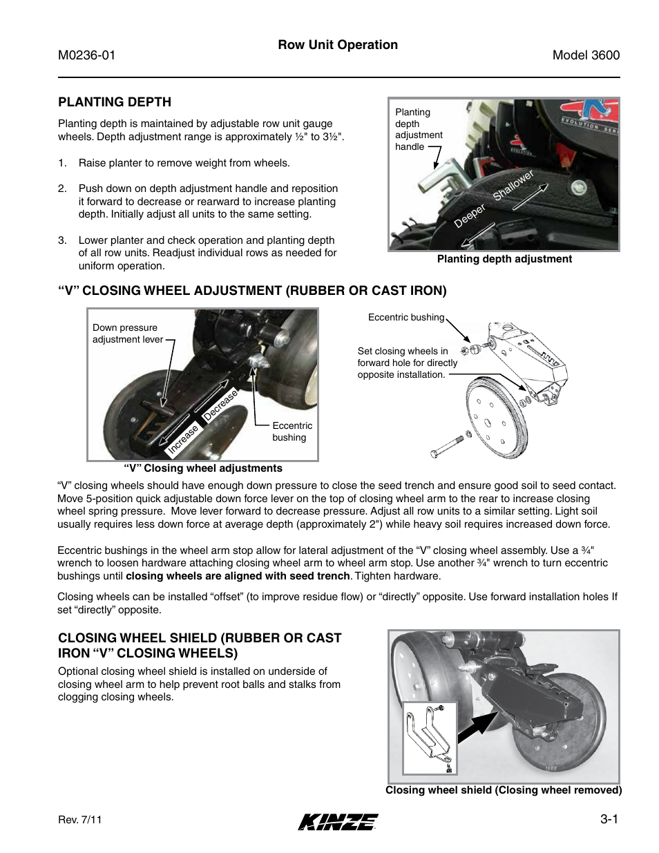 Row unit operation, Planting depth, V” closing wheel adjustment (rubber or cast iron) | Planting depth -1, Wheels) -1 | Kinze 3600 Lift and Rotate Planter Rev. 7/14 User Manual | Page 45 / 172