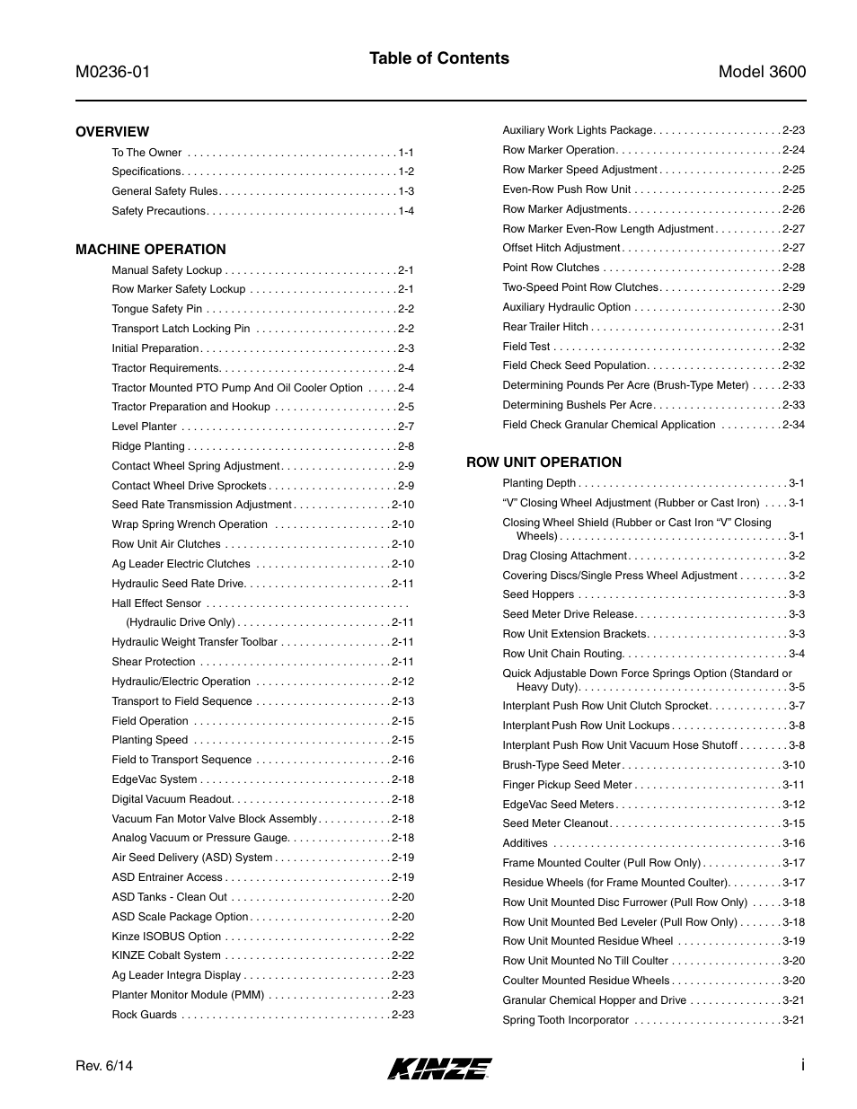Itable of contents | Kinze 3600 Lift and Rotate Planter Rev. 7/14 User Manual | Page 5 / 172