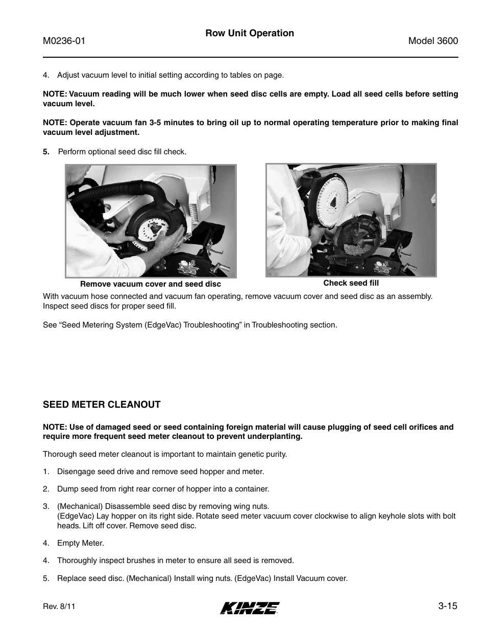 Seed meter cleanout, Seed meter cleanout -15 | Kinze 3600 Lift and Rotate Planter Rev. 7/14 User Manual | Page 59 / 172