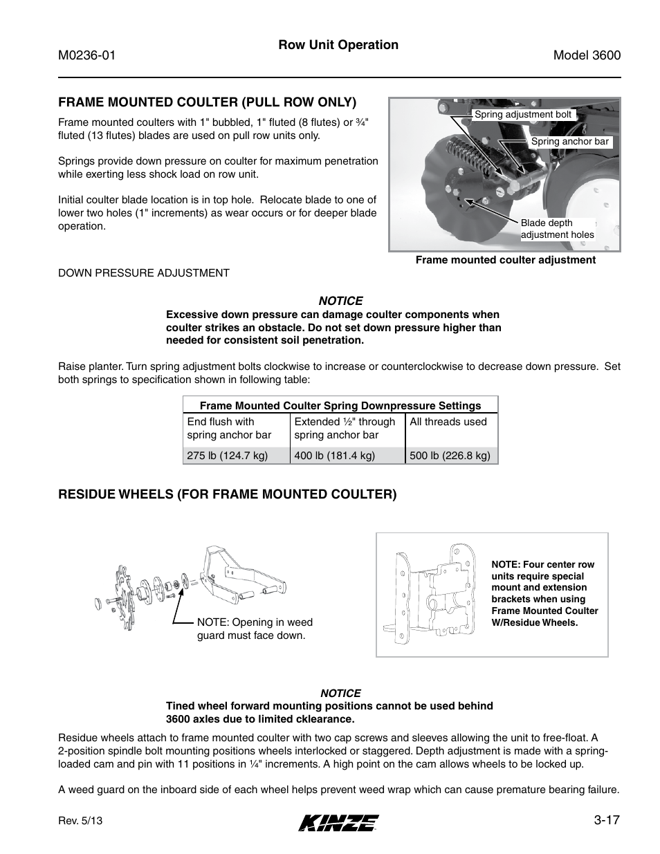 Frame mounted coulter (pull row only), Residue wheels (for frame mounted coulter), Frame mounted coulter (pull row only) -17 | Residue wheels (for frame mounted coulter) -17 | Kinze 3600 Lift and Rotate Planter Rev. 7/14 User Manual | Page 61 / 172