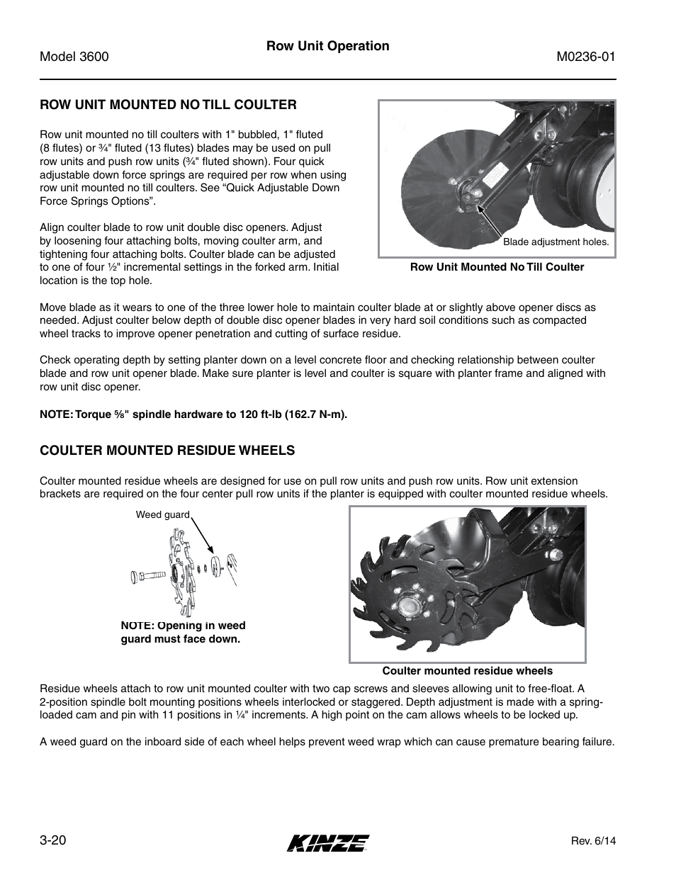 Row unit mounted no till coulter, Coulter mounted residue wheels, Row unit mounted no till coulter -20 | Coulter mounted residue wheels -20 | Kinze 3600 Lift and Rotate Planter Rev. 7/14 User Manual | Page 64 / 172