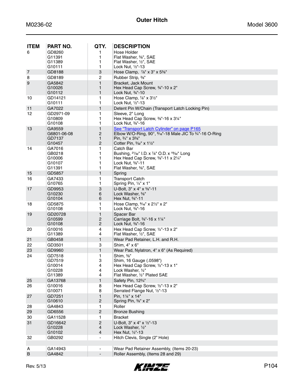 Outer hitch, P104 | Kinze 3600 Lift and Rotate Planter Rev. 5/14 User Manual | Page 107 / 302