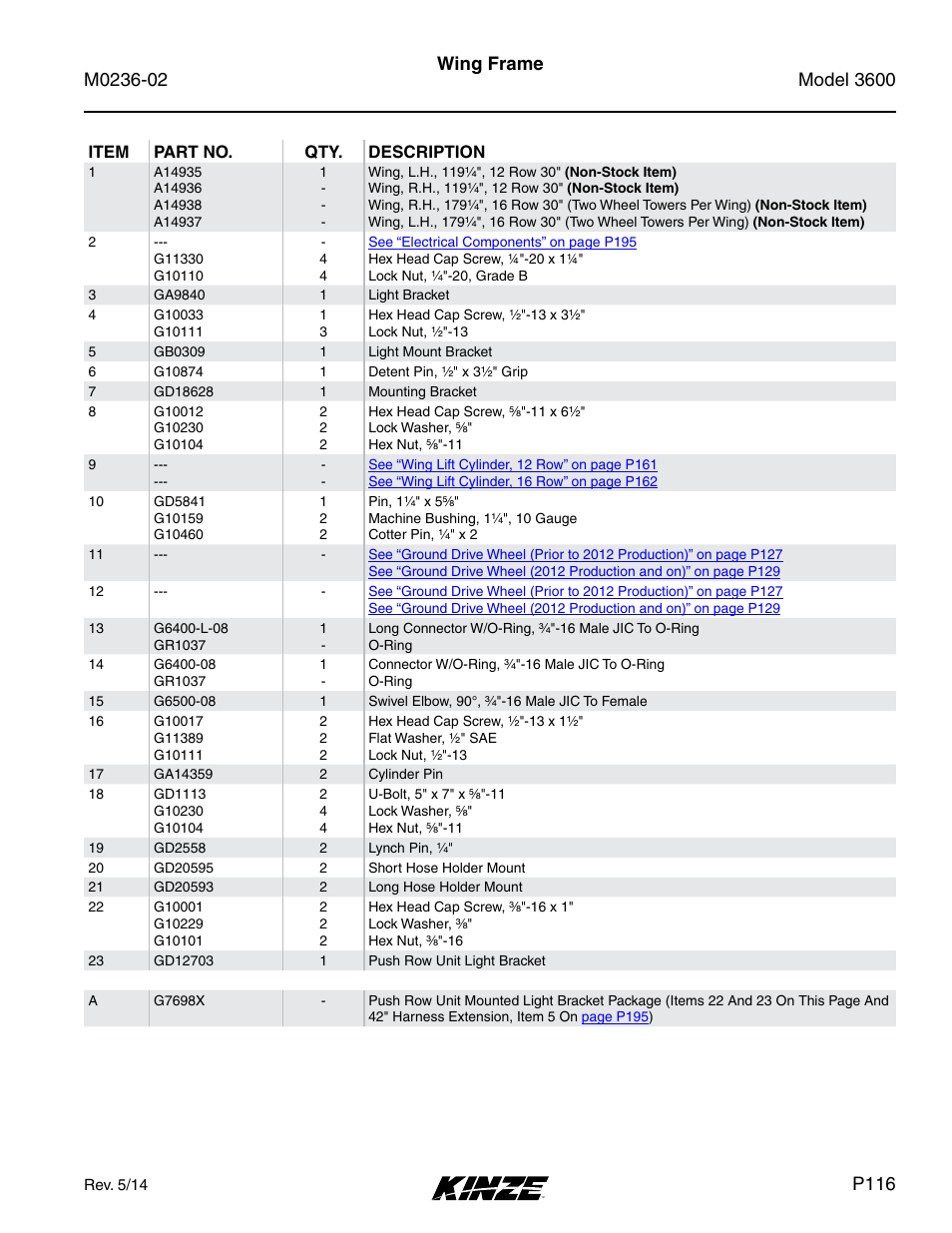 Wing frame, P116 | Kinze 3600 Lift and Rotate Planter Rev. 5/14 User Manual | Page 119 / 302