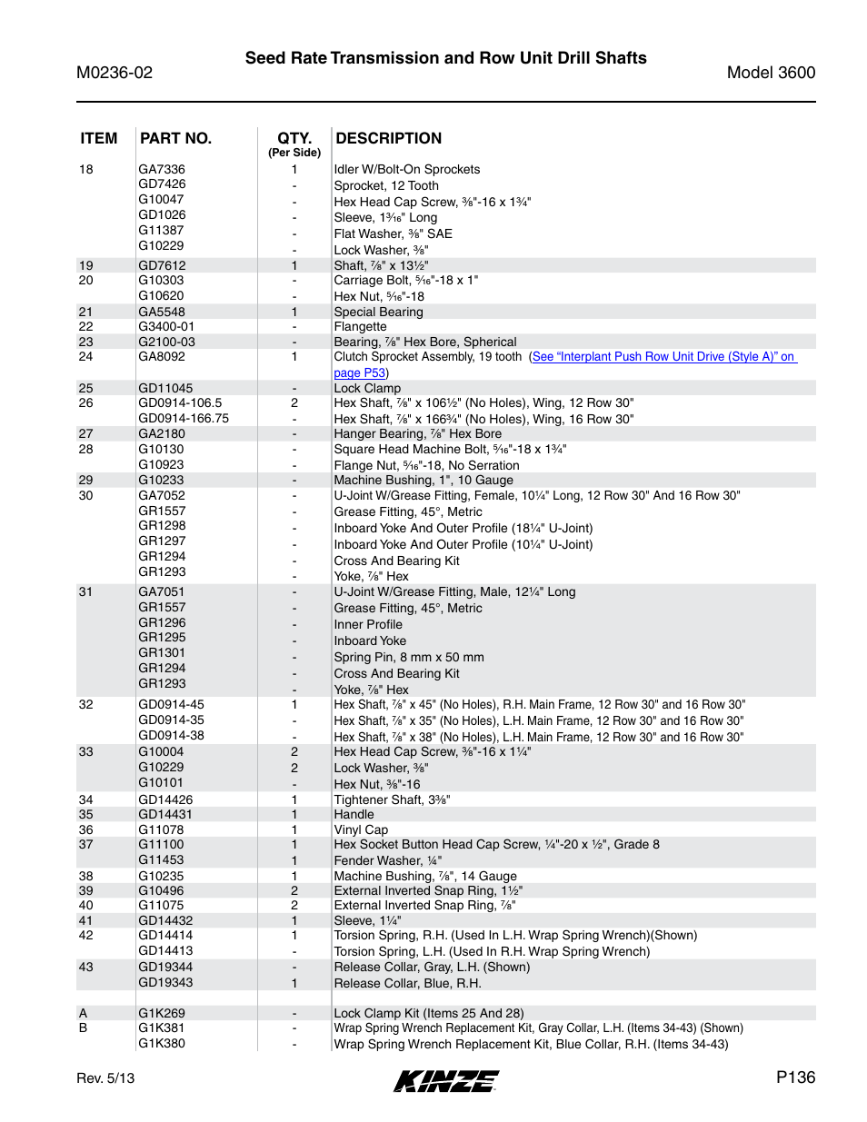 Seed rate transmission and row unit drill shafts, P136 | Kinze 3600 Lift and Rotate Planter Rev. 5/14 User Manual | Page 139 / 302