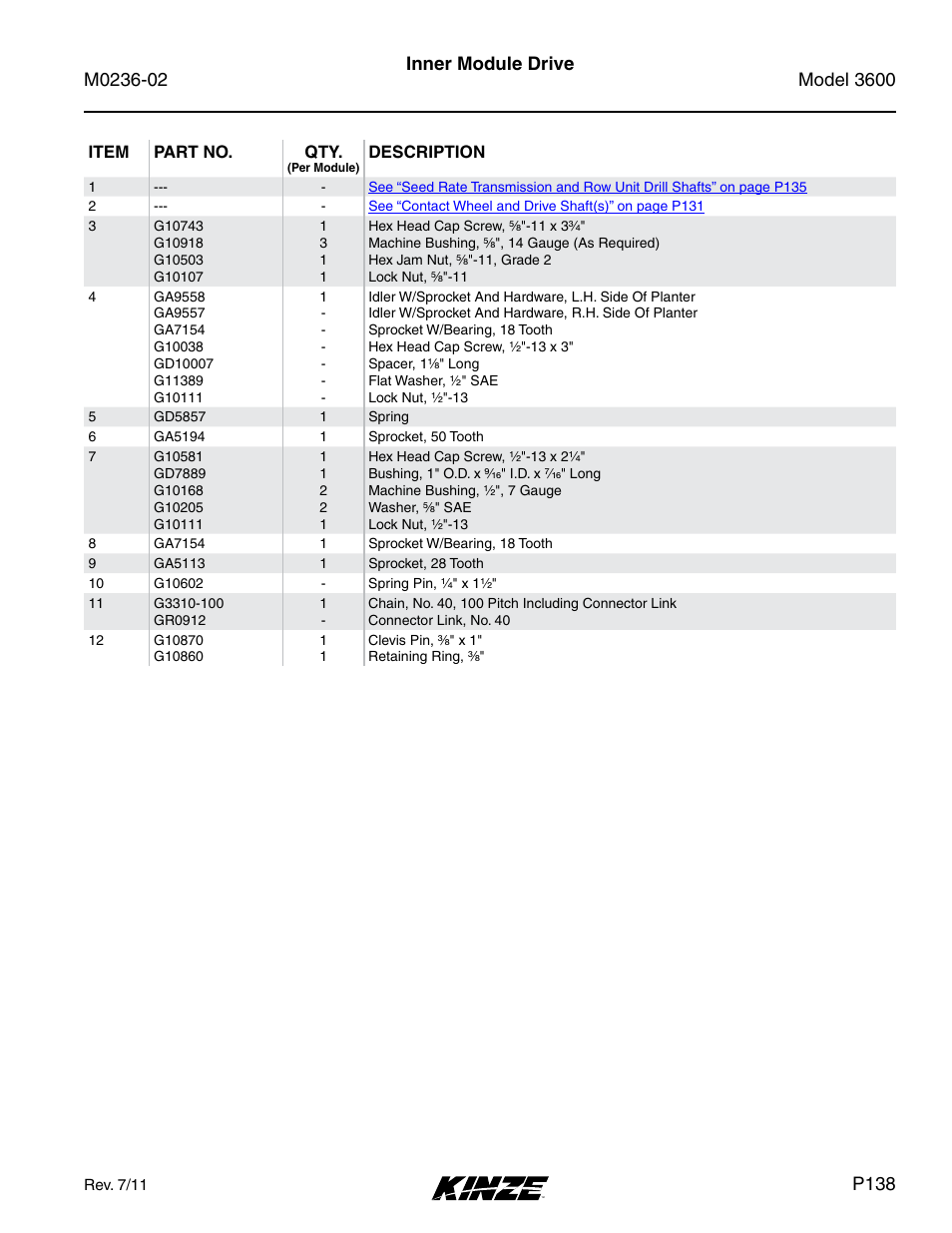 Inner module drive, P138 | Kinze 3600 Lift and Rotate Planter Rev. 5/14 User Manual | Page 141 / 302