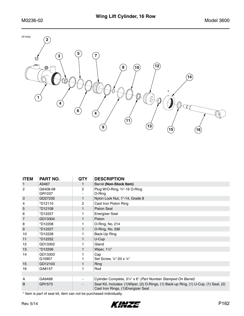 Wing lift cylinder, 16 row, P162 | Kinze 3600 Lift and Rotate Planter Rev. 5/14 User Manual | Page 165 / 302