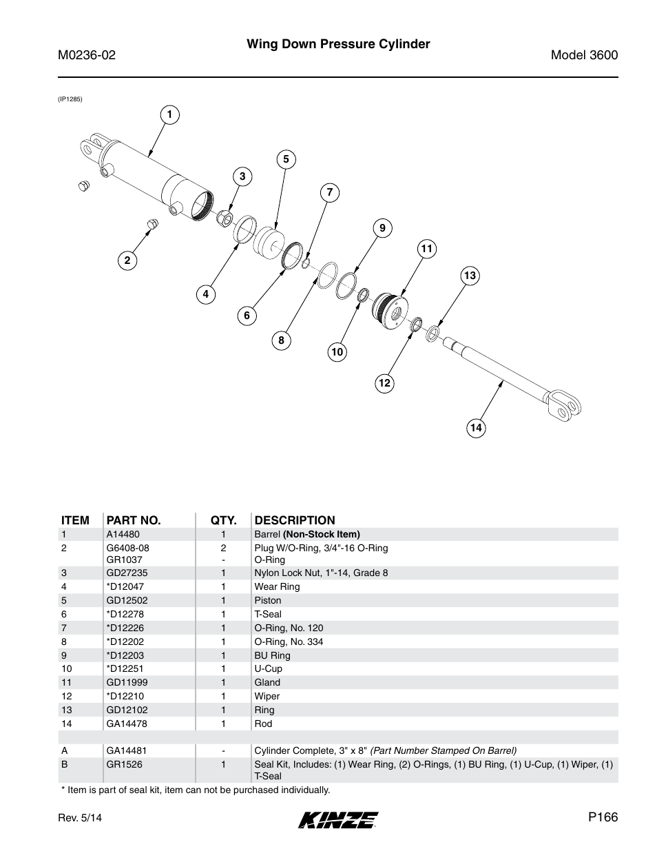 Wing down pressure cylinder, P166, Item part no. qty. description | Rev. 5/14 | Kinze 3600 Lift and Rotate Planter Rev. 5/14 User Manual | Page 169 / 302
