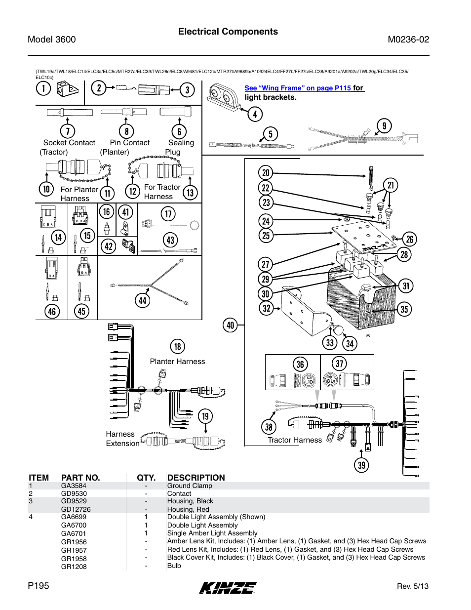 Electrical components, Item part no. qty. description | Kinze 3600 Lift and Rotate Planter Rev. 5/14 User Manual | Page 198 / 302