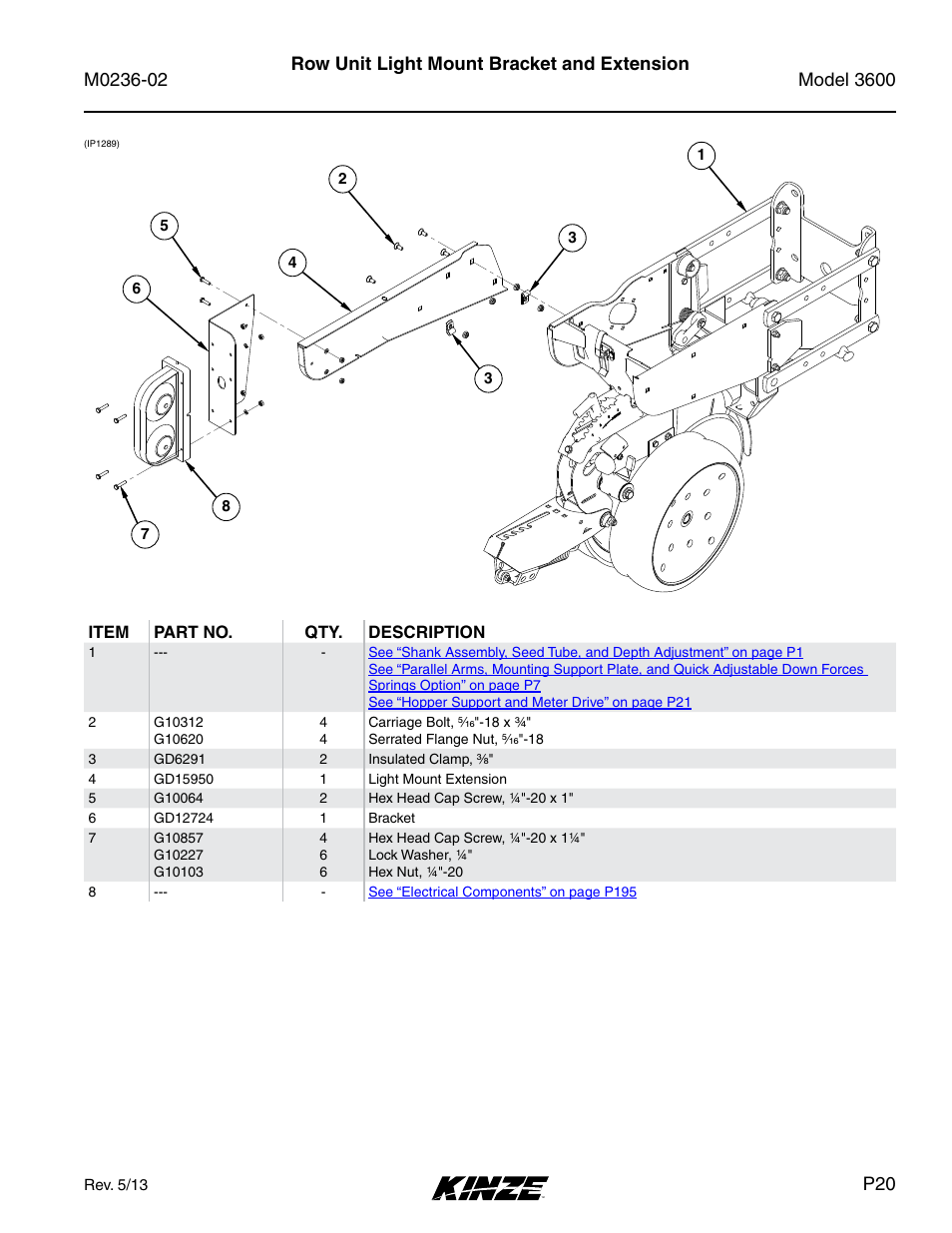 Row unit light mount bracket and extension | Kinze 3600 Lift and Rotate Planter Rev. 5/14 User Manual | Page 23 / 302