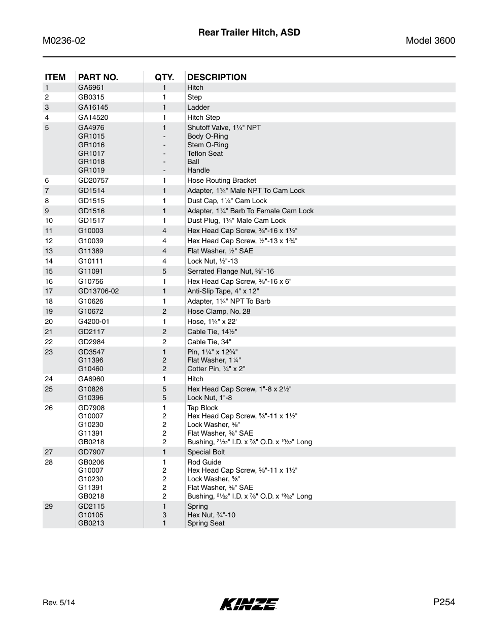 Rear trailer hitch, asd, P254 | Kinze 3600 Lift and Rotate Planter Rev. 5/14 User Manual | Page 257 / 302