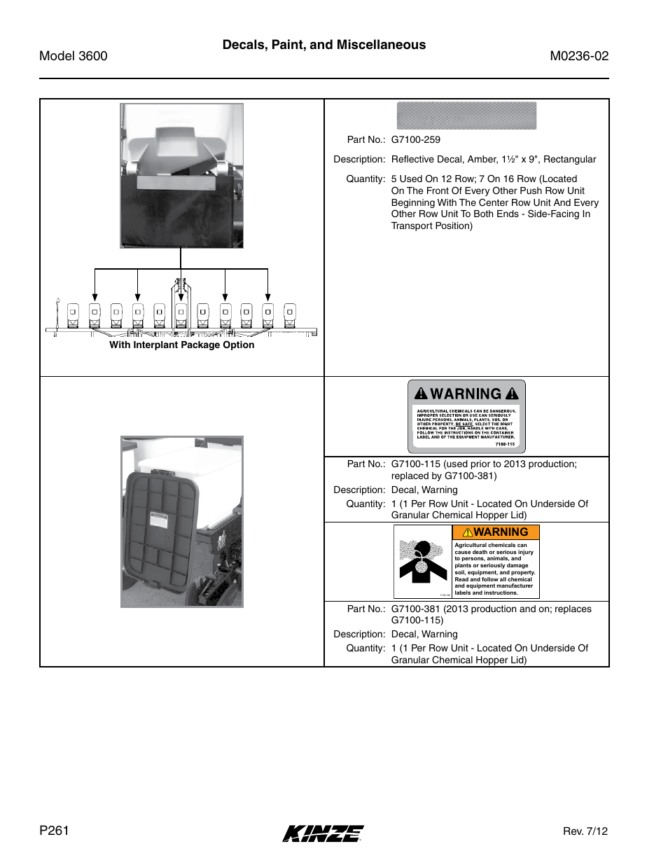 Decals, paint, and miscellaneous, Warning | Kinze 3600 Lift and Rotate Planter Rev. 5/14 User Manual | Page 264 / 302
