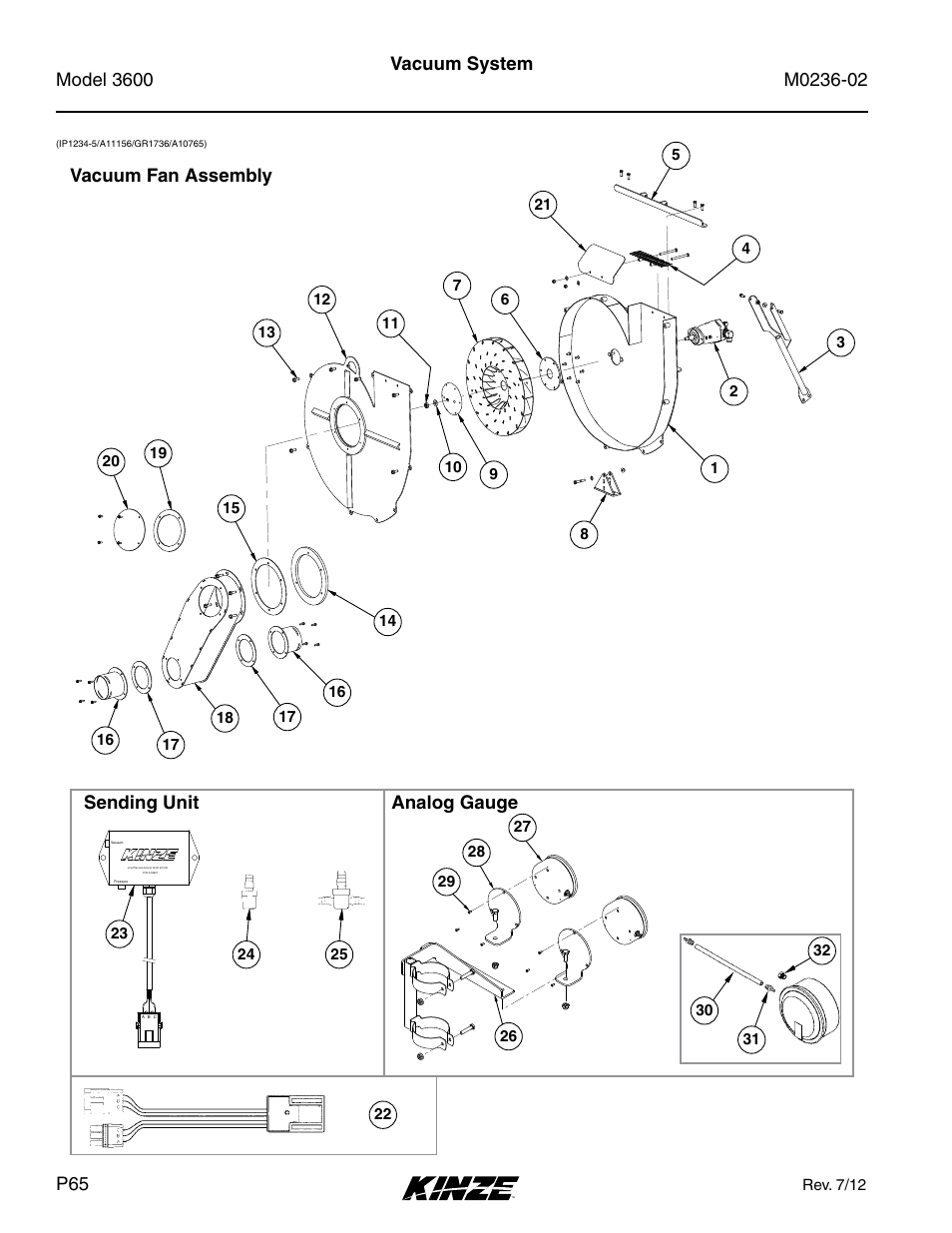 Vacuum system, Vacuum fan assembly, Sending unit analog gauge | Kinze 3600 Lift and Rotate Planter Rev. 5/14 User Manual | Page 68 / 302