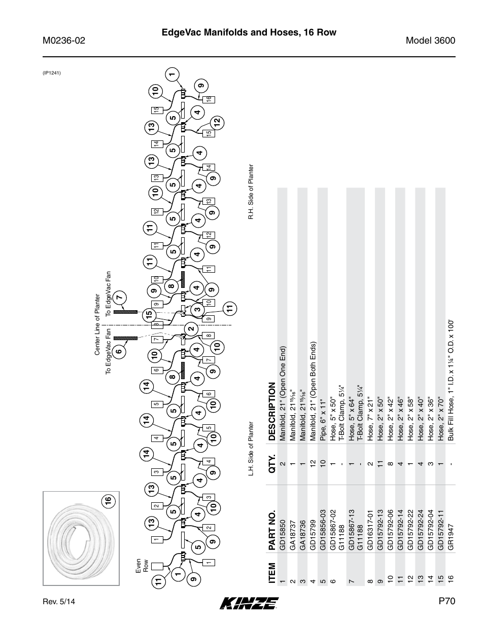 Edgevac manifolds and hoses, 16 row | Kinze 3600 Lift and Rotate Planter Rev. 5/14 User Manual | Page 73 / 302