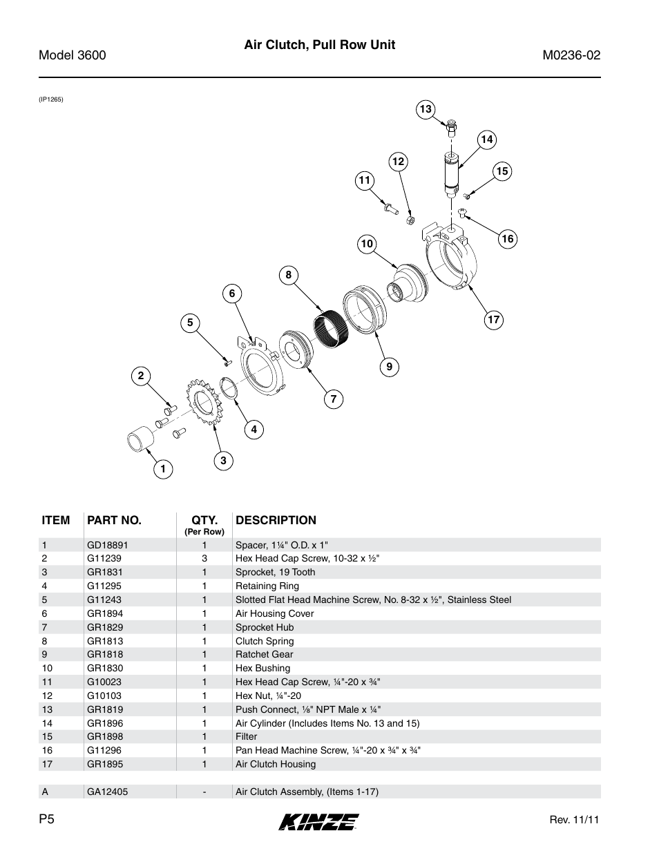 Air clutch, pull row unit, Item part no. qty, Description | Rev. 11/11 | Kinze 3600 Lift and Rotate Planter Rev. 5/14 User Manual | Page 8 / 302