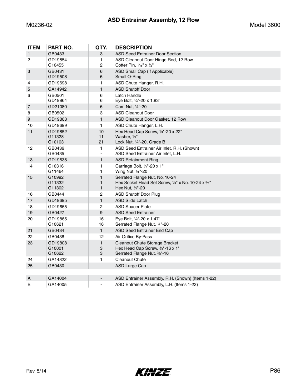 Asd entrainer assembly, 12 row | Kinze 3600 Lift and Rotate Planter Rev. 5/14 User Manual | Page 89 / 302