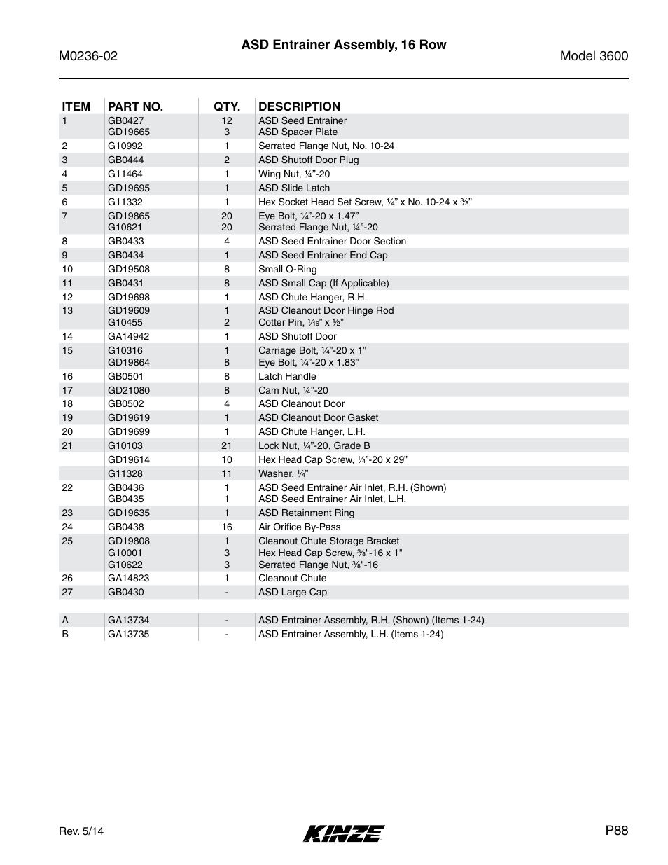 Asd entrainer assembly, 16 row | Kinze 3600 Lift and Rotate Planter Rev. 5/14 User Manual | Page 91 / 302