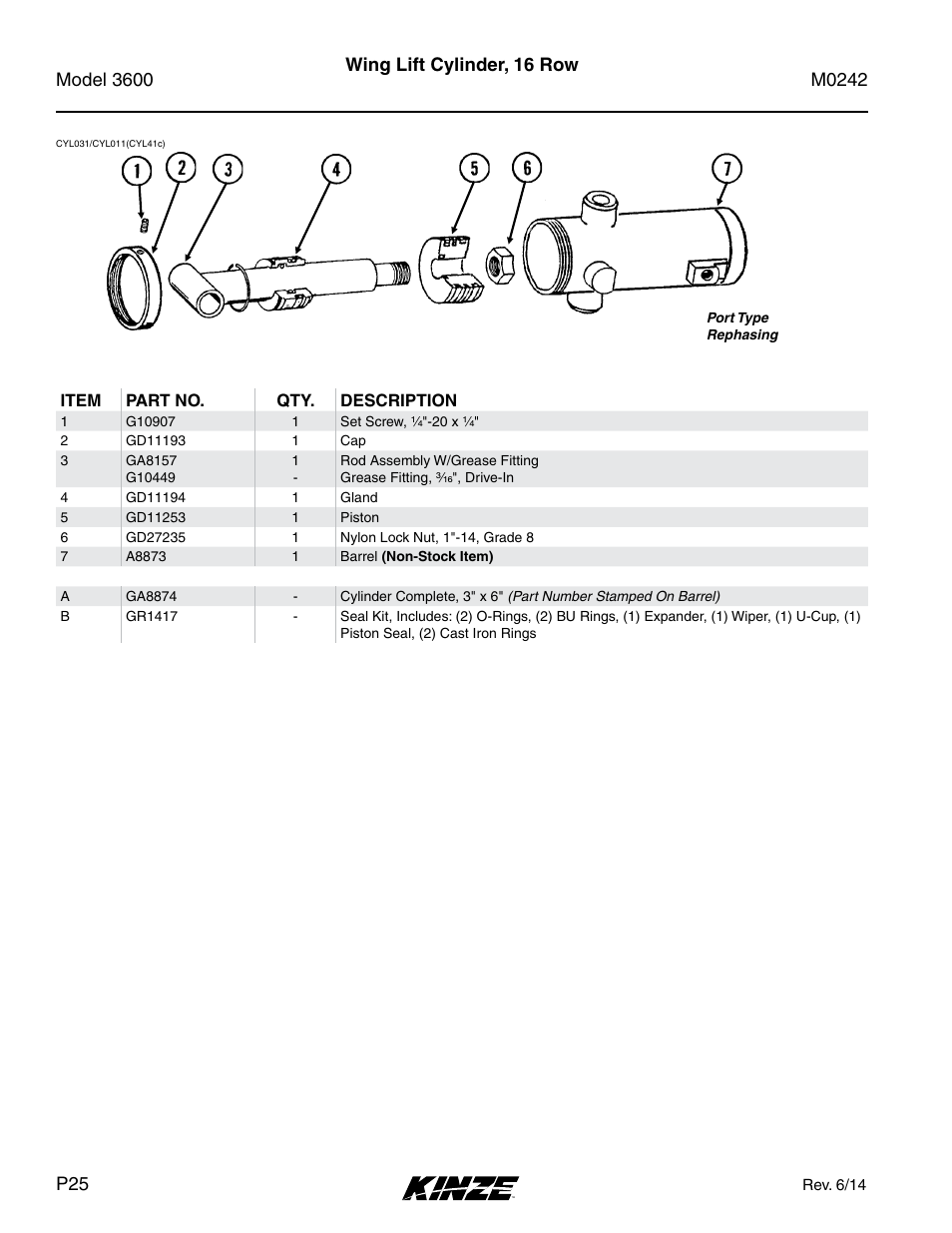 Wing lift cylinder, 16 row | Kinze 3600 Lift and Rotate Planter Rev. 6/14 User Manual | Page 28 / 40