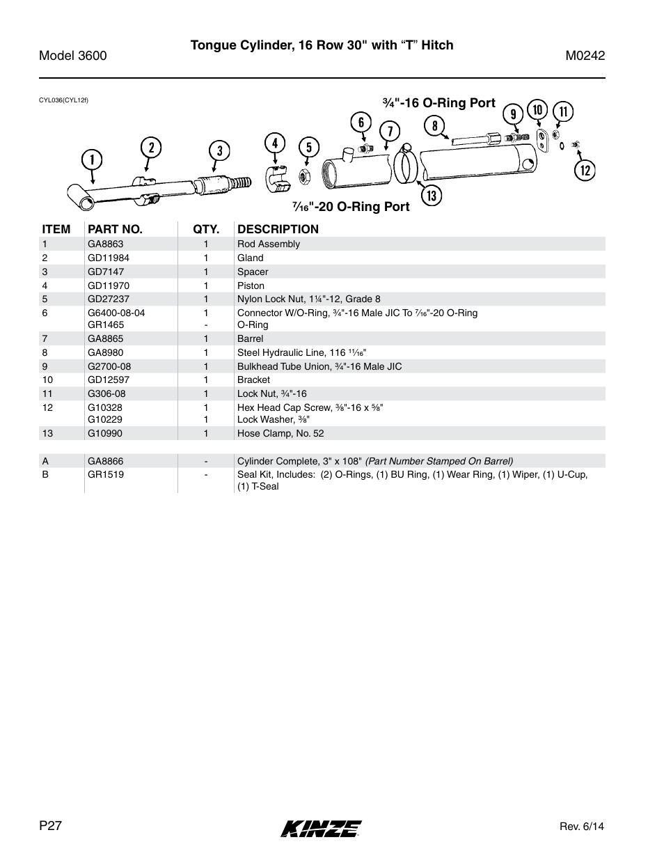 Tongue cylinder, 16 row 30" with “t” hitch | Kinze 3600 Lift and Rotate Planter Rev. 6/14 User Manual | Page 30 / 40
