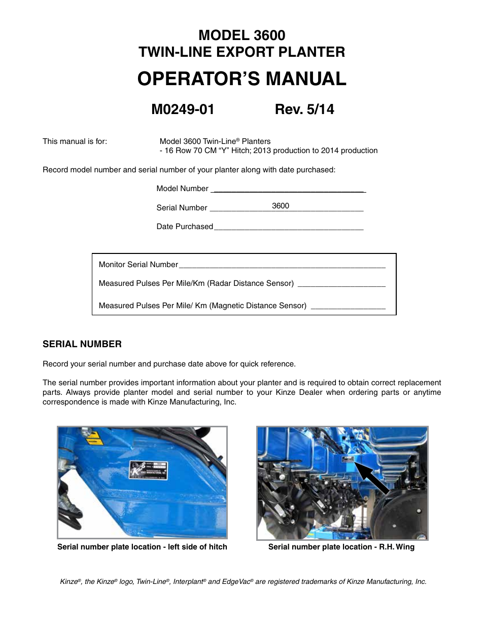 Kinze 3600 Lift and Rotate Planter (70 CM) Rev. 5/14 User Manual | 158 pages