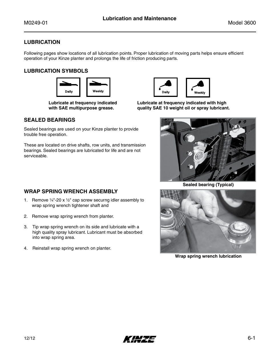 Lubrication and maintenance, Lubrication, Lubrication symbols | Sealed bearings, Wrap spring wrench assembly, Lubrication -1, Lubrication symbols -1, Sealed bearings -1, Wrap spring wrench assembly -1 | Kinze 3600 Lift and Rotate Planter (70 CM) Rev. 5/14 User Manual | Page 105 / 158