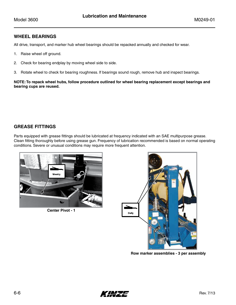 Wheel bearings, Grease fittings, Wheel bearings -6 | Grease fittings -6 | Kinze 3600 Lift and Rotate Planter (70 CM) Rev. 5/14 User Manual | Page 110 / 158