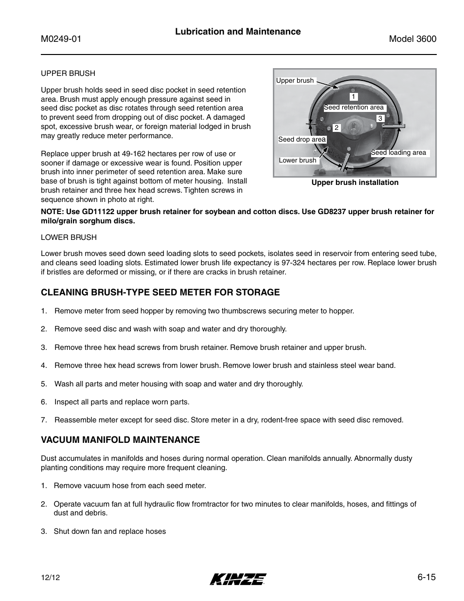 Cleaning brush-type seed meter for storage, Vacuum manifold maintenance, Cleaning brush-type seed meter for storage -15 | Vacuum manifold maintenance -15 | Kinze 3600 Lift and Rotate Planter (70 CM) Rev. 5/14 User Manual | Page 119 / 158