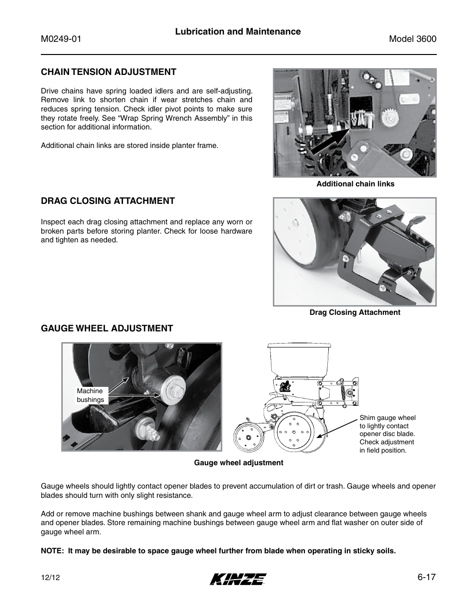 Chain tension adjustment, Drag closing attachment, Gauge wheel adjustment | Chain tension adjustment -17, Drag closing attachment -17, Gauge wheel adjustment -17 | Kinze 3600 Lift and Rotate Planter (70 CM) Rev. 5/14 User Manual | Page 121 / 158