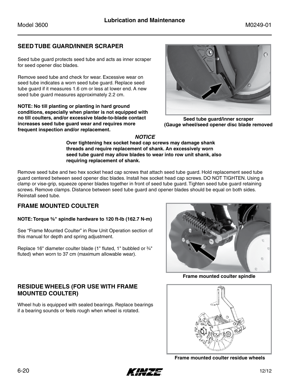 Seed tube guard/inner scraper, Frame mounted coulter, Seed tube guard/inner scraper -20 | Frame mounted coulter -20 | Kinze 3600 Lift and Rotate Planter (70 CM) Rev. 5/14 User Manual | Page 124 / 158