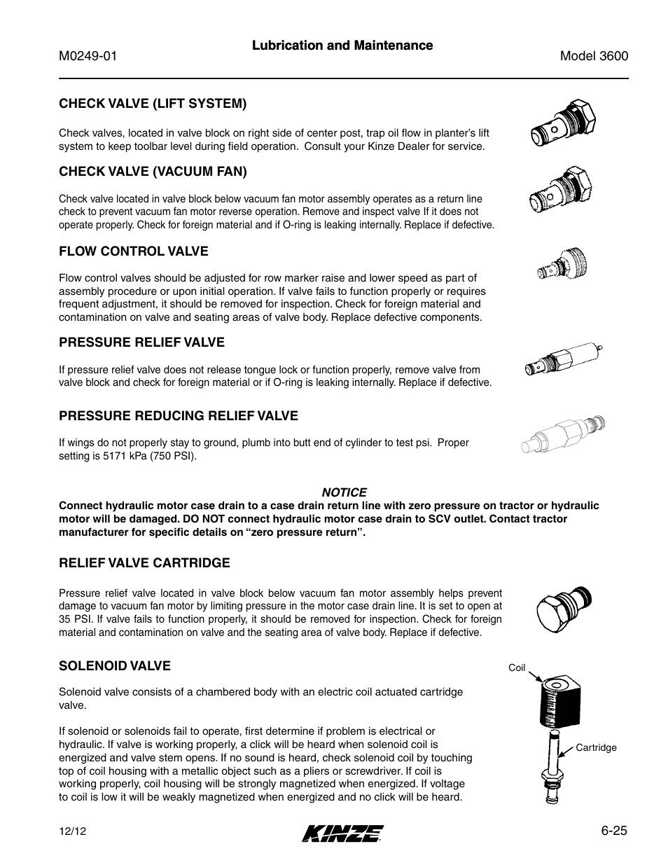 Check valve (lift system), Check valve (vacuum fan), Flow control valve | Pressure relief valve, Pressure reducing relief valve, Relief valve cartridge, Solenoid valve, Check valve (lift system) -25, Check valve (vacuum fan) -25, Flow control valve -25 | Kinze 3600 Lift and Rotate Planter (70 CM) Rev. 5/14 User Manual | Page 129 / 158