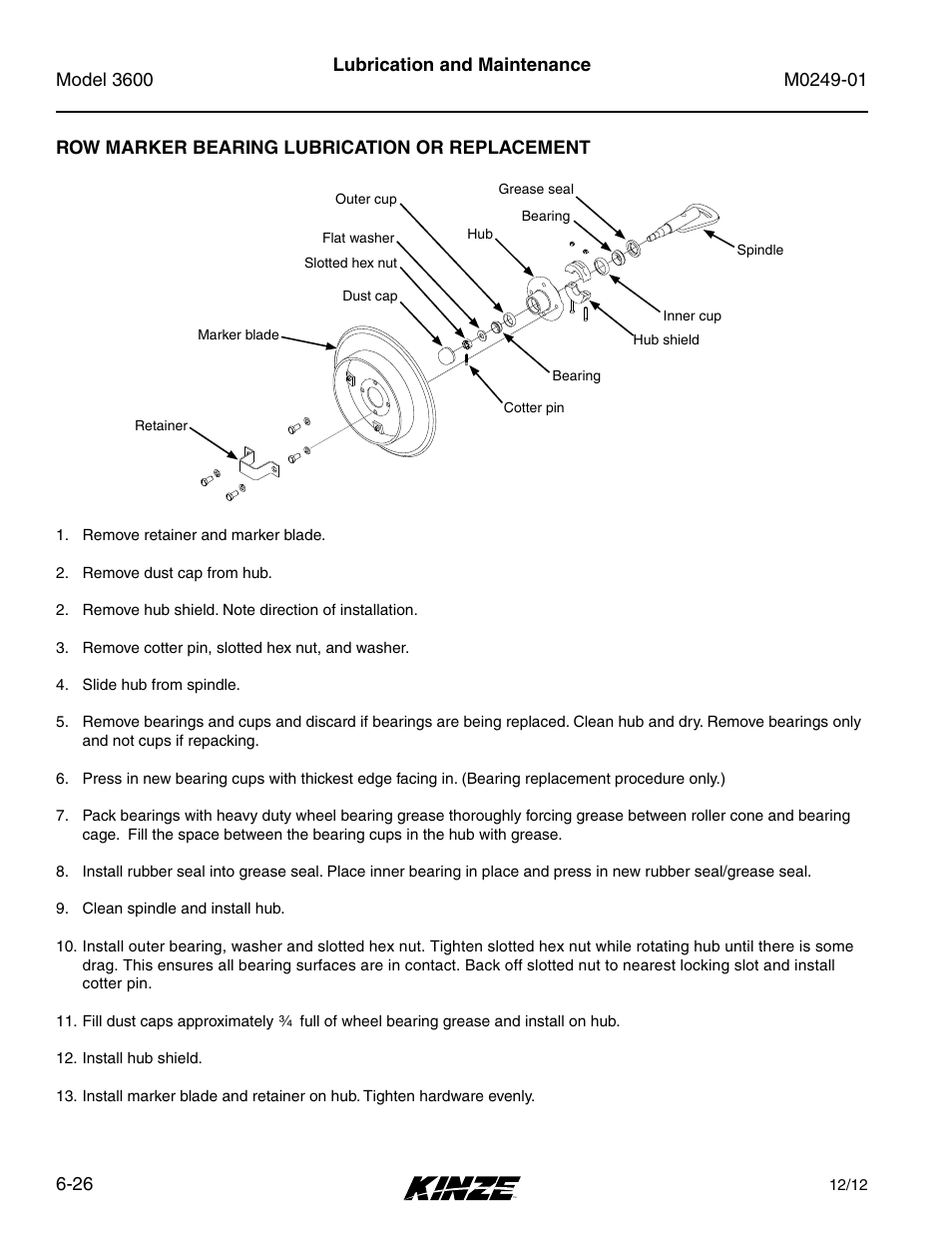 Row marker bearing lubrication or replacement, Row marker bearing lubrication or replacement -26 | Kinze 3600 Lift and Rotate Planter (70 CM) Rev. 5/14 User Manual | Page 130 / 158