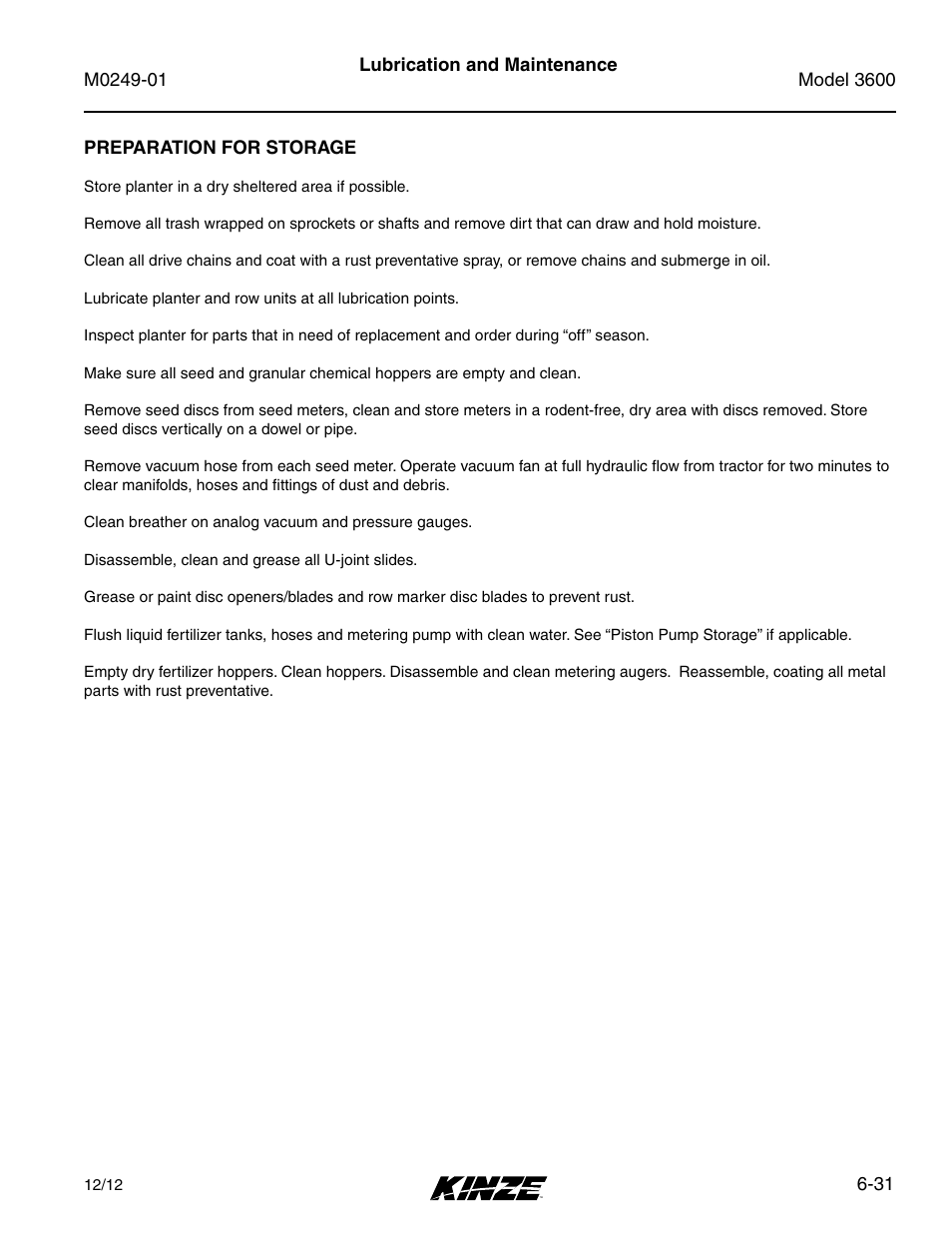 Preparation for storage, Preparation for storage -31 | Kinze 3600 Lift and Rotate Planter (70 CM) Rev. 5/14 User Manual | Page 135 / 158