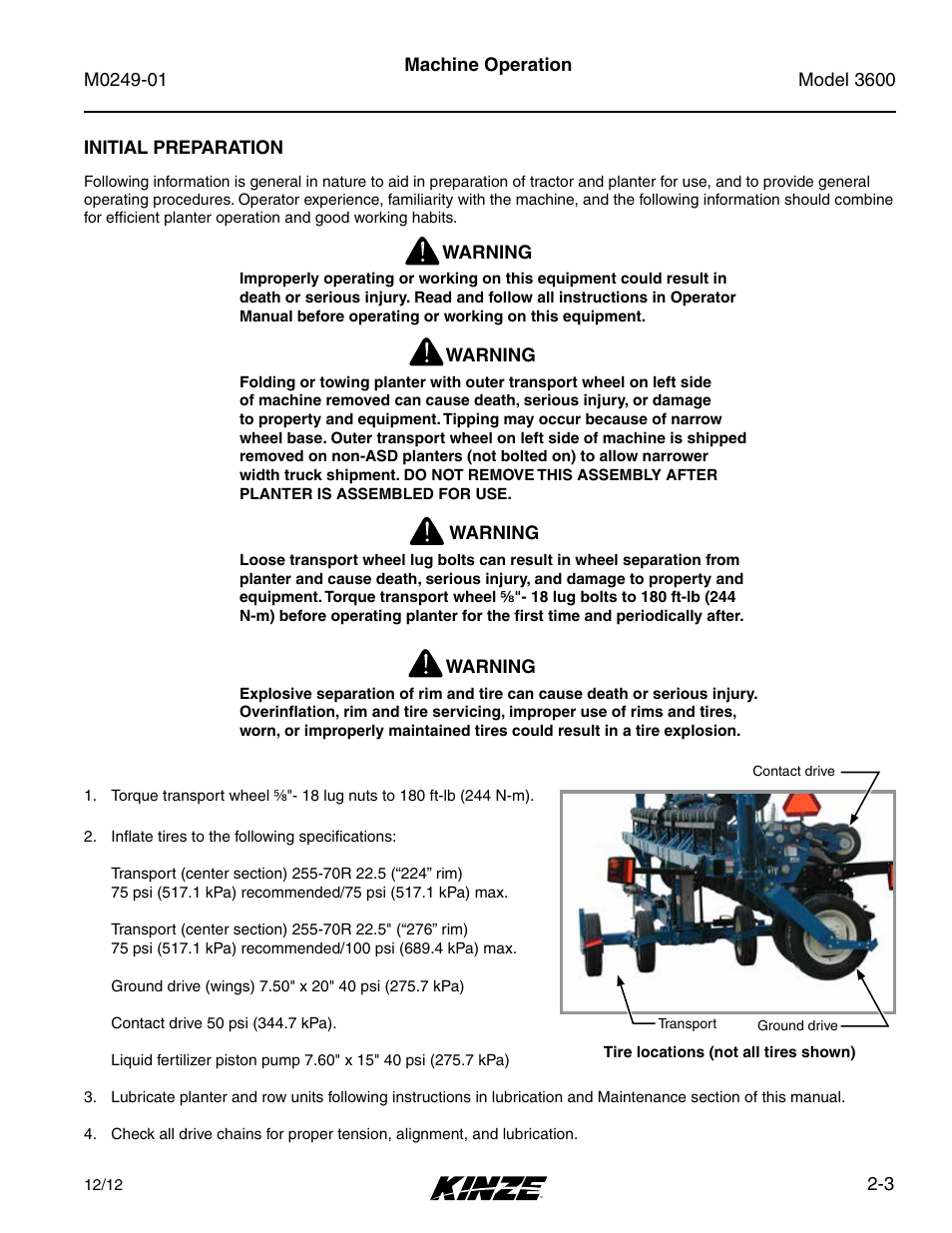 Initial preparation, Initial preparation -3 | Kinze 3600 Lift and Rotate Planter (70 CM) Rev. 5/14 User Manual | Page 15 / 158